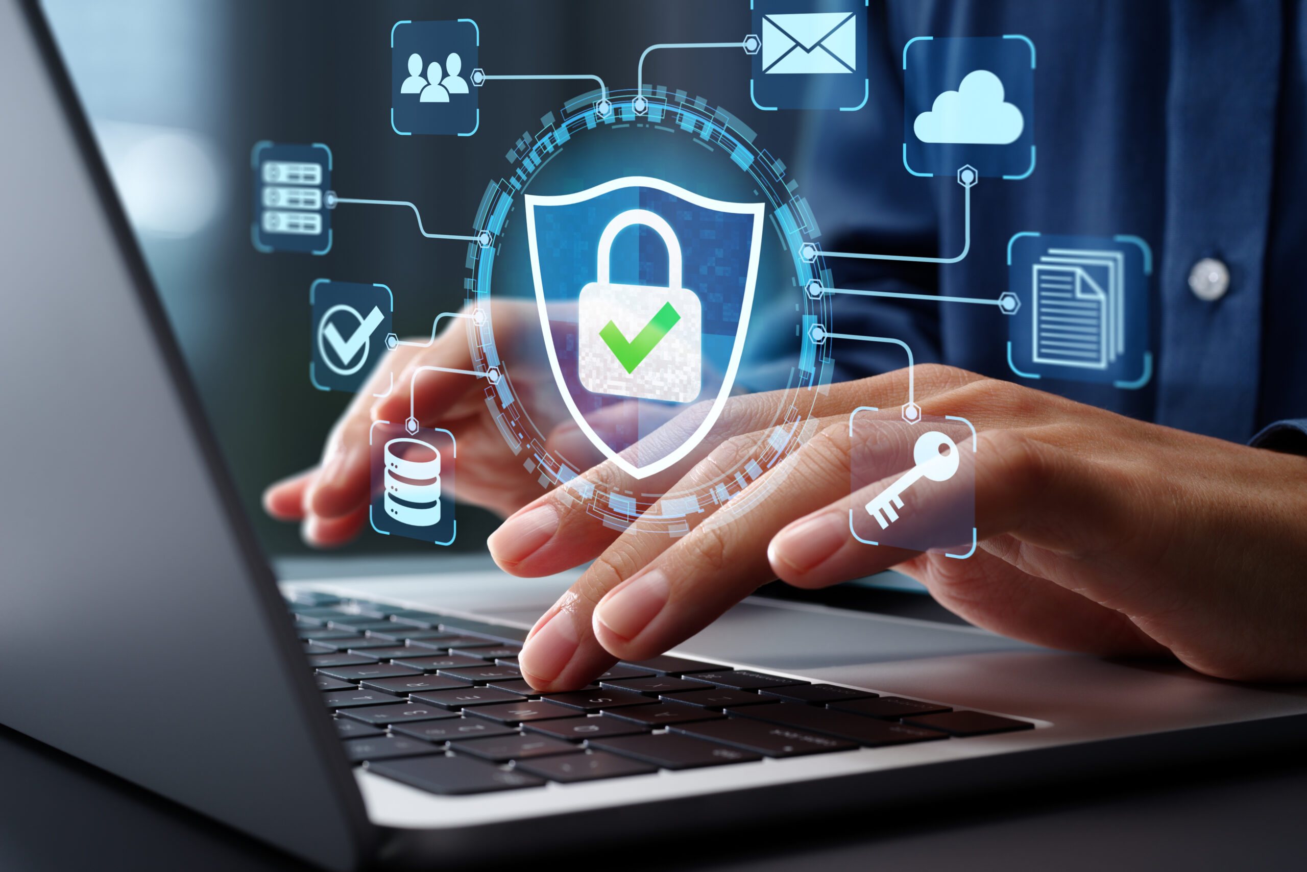 Secure data protection and network security systems. VPN connections and zero trust security. Man using laptop computer with an encrypted data security system.