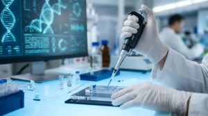 Laboratory research with micropipette and gene sequencing.